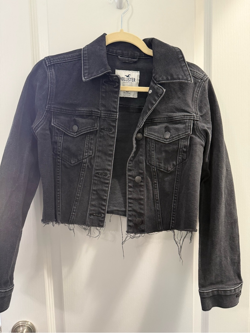 Hollister Cropped Black Denim Jacket with Raw Hem